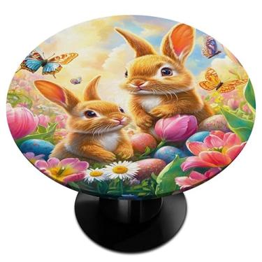 Imagem de cfpolar Toalha de mesa redonda com borda elástica, coelhos, flores, borboleta, Páscoa, toalha de mesa redonda, impermeável, limpável, para sala de jantar, cozinha, pattry pátio, ao ar livre (adequado