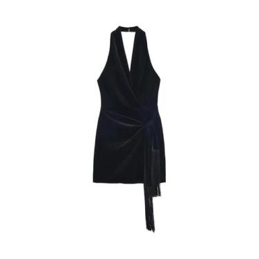 Imagem de Vestido Curto De Veludo Com Franjas Para Mulheres, Decote Em V, Moda O