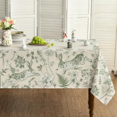 Imagem de Horaldaily Toalha de mesa retangular de Páscoa, 152 x 213 cm, bege, coelhinho da Páscoa, flores de samambaia verde, lavável, capa de mesa sazonal para decoração de festa, piquenique, jantar