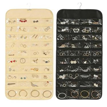 Imagem de Aodse Organizador de joias para pendurar 2 peças com 160 bolsos transparentes, gancho giratório de 360° para suporte de joias de dupla face para brincos, colares, anéis no armário, parede, porta