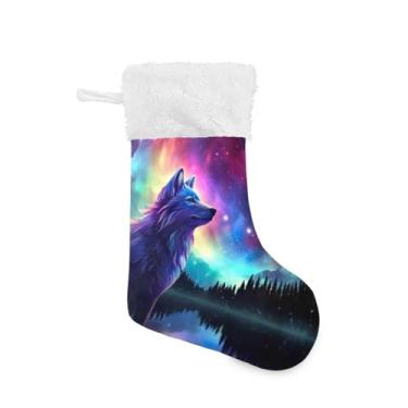 Imagem de ATTX Meias de Natal Aurora Boreal Lobo, Brancas de Pelúcia, Suportes de Presente para Decorações de Festas de Férias (17,7 polegadas, 1 Pacote) #227