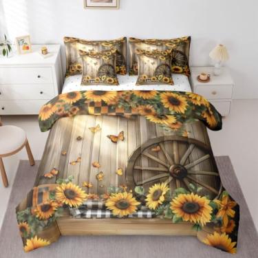 Imagem de Feelyou Conjunto de edredom de madeira rústica para porta de celeiro, 7 peças, tamanho casal, girassol, fazenda, campo, celeiro, aldeia rural, para crianças, adultos, celeiro, aldeia rural, edredom +