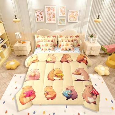 Imagem de Erosebridal Jogo de cama solteiro engraçado de capivaras, 7 peças, cama para amantes de capivara, desenho animado com roedores, inclui edredom, conjunto de lençóis, fronhas e fronhas, capivara cáqui