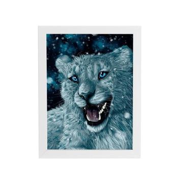 Imagem de Tigre Branco Olhos Azuis Arte Quadro Moldura Branca 60X40Cm