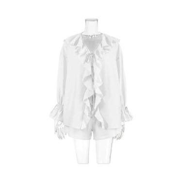 Imagem de Conjunto Feminino Casual De Shorts Com Decote Em V E Renda Franzida, A