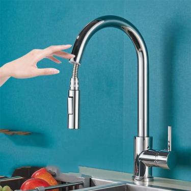 Imagem de Torneira de cozinha de toque inteligente escovado ouro sondagem torneiras sensor preto/níquel 360 rotação guindaste 2 saídas misturador de água torneiras, sentido de cromo, China