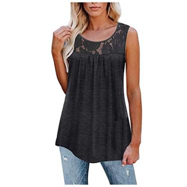 Imagem de Camiseta feminina de renda vazada com gola redonda sem mangas para o verão Plus Size Blous Top, Cinza, XXG