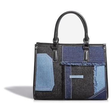 Imagem de QTKJ Bolsa jeans, bolsa de ombro de patchwork, bolsa vintage para mulheres, férias, viagem, combinação diária (escura), Azul, One Size