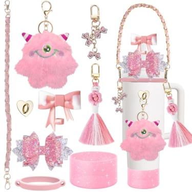 Imagem de Acessórios Stanley Cup, conjunto Bling Bling, incluindo capa de palha, capa de silicone, alça de couro para garrafa de água e pingente Stanley Cup, adequado para copo Stanley de 850 g e 1,134 g (rosa)