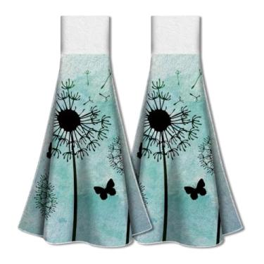 Imagem de WADORN Conjunto de 2 toalhas penduradas de dente-de-leão, borboleta, dente-de-leão, toalha de mão com gancho de laço, toalhas de amarrar penduradas, toalha de prato, toalha de chá, 31,5 x 34,3 cm,
