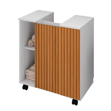 Imagem de Gabinete Para Banheiro 55cm 1 Porta Com Rodízios Pequin Branco/ripado - Bechara