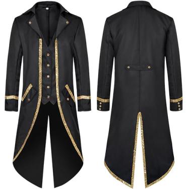 Imagem de SEAUR Sobretudo masculino medieval steampunk casaco longo acabamento dourado gótico vitoriano vintage fantasia de Halloween, Preto, GG