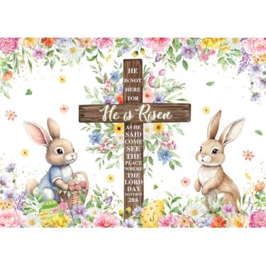 Imagem de Pano de fundo de primavera de Páscoa, decorações de fundo colorido, ovos, coelhos, cruz de Jesus, cenário fotográfico, faixa de festa de Páscoa (210 x 150 cm)