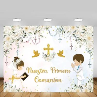 Imagem de MEHOFOND Pano de fundo floral Nuestra Primera Comunión batismo para meninos e meninas, irmãos, faixa de primeira comunhão com Deus abençoe batizado, foto de fundo, sinal, suporte para cabine