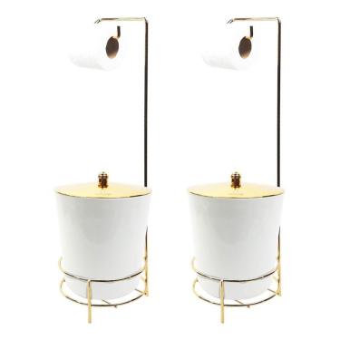Imagem de Kit 2 Suporte Porta Papel Higiênico Com Lixeira 5L Tampa Banheiro Branco Dourado - AMZ