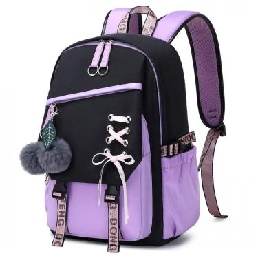 Imagem de Mochila FENGDONG roxa para adolescentes, estilo kawaii com laço e pompom, para notebook até 15,6"