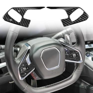 Imagem de BLAKAYA Compatível com acabamento de botão de volante de fibra de carbono decoração modificada automotiva para Chevrolet Corvette C8 2020 2021 2022 2023 2024 (2 peças preta)