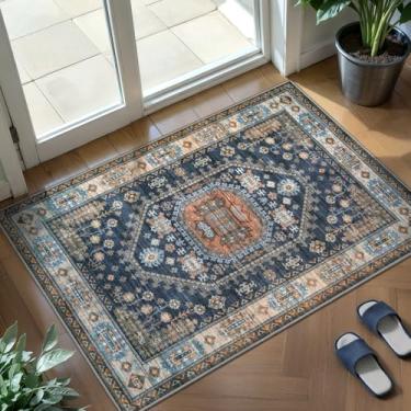 Imagem de Tangsoo Tapete vintage 5 x 7 cm pequeno para entrada, azul/laranja lavável para porta de cozinha interior tapete de borracha antiderrapante