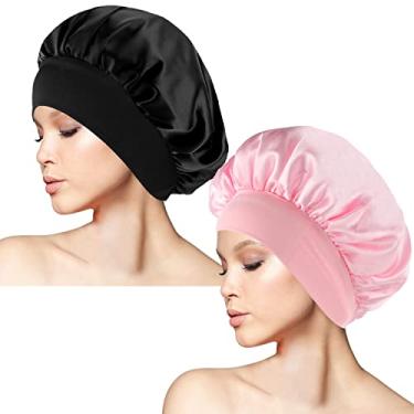 Imagem de Pacote com 2 gorros de cetim de seda, capota de cabelo macio para mulheres dormindo para cuidados com tranças de cabelo encaracolado, preto