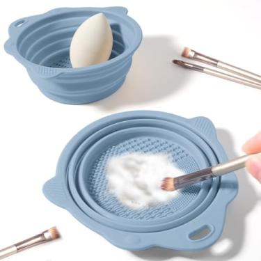 Imagem de Tigela de limpeza de pincéis de maquiagem, conjunto de pincéis de maquiagem de silicone dobrável, ferramenta de limpeza para limpeza profunda e uso em viagens, azul