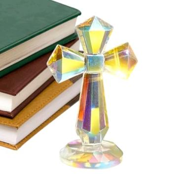 Imagem de Estatueta de cruz de cristal | Estátua religiosa decorativa de 15 cm - Crucifixo de mesa com design facetado de 360° para grupos da igreja, escritório, pastores, famílias católicas, colecionadores