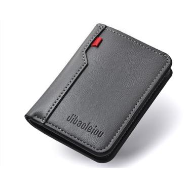 Imagem de Carteira masculina fina com dobra vertical com bolso para moedas, couro sintético e porta-dinheiro com janela para identidade, cinza