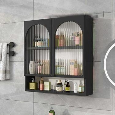 Imagem de Organizador de maquiagem de parede de 3 camadas e armário de cozinha, armazenamento de medicamentos de banheiro de porta dupla com prateleiras abertas, suporte cosmético resistente a perfurações (80 x