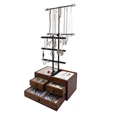 Imagem de Suporte de joias de árvore organizador de joias de metal de 5 camadas com gaveta de madeira, exibição para colares, brincos, pulseiras e anéis, exibição de joias
