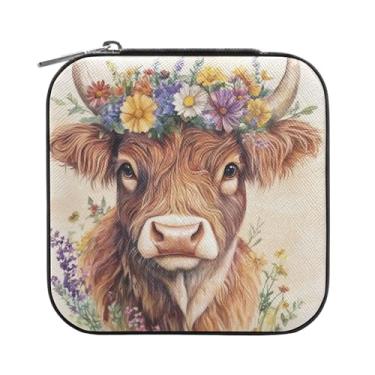 Imagem de Burbuja Linda caixa de joias de flores de vaca mini estojo de joias de viagem para mulheres e meninas, estojo organizador de joias para brincos, anéis, colares e pulseiras