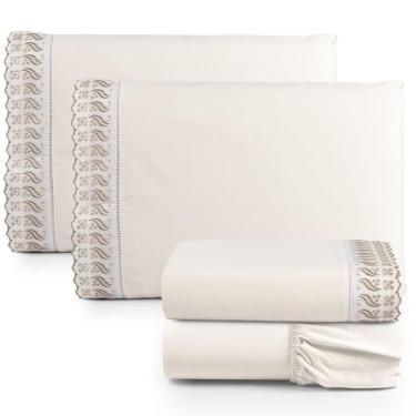 Imagem de Jogo Cama Lençol Paris Casal Padrão Percal 180 Fios 100% Algodão Lese Bordada 4 Peças - Palha