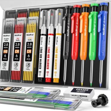 Imagem de Lápis de carpinteiro Nicpro, kit com 5 unidades, apontador e 53 minas 