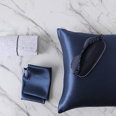 Imagem de DISANGNI Conjunto de indulgência de seda: fronha de seda premium 22 Momme Mulberry e máscara de olho dupla para rejuvenescimento de cabelo e pele (1 peça tamanho padrão 51 cm x 66 cm, azul)