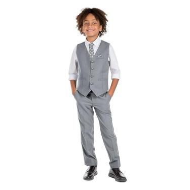 Imagem de Marvelous Kids Conjunto de terno formal slim fit de 6 peças para meninos, colete, calça, camisa social, gravata, bolso quadrado e gravata borboleta, Cinza-claro - V, 6