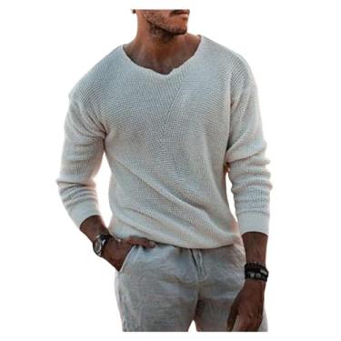 Imagem de Suéter masculino de cor sólida tricotada camada base gola V suéter leve pulôver camada base, Branco, P