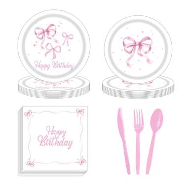Imagem de AKAZA Decorações de festa com laço rosa – Conjunto de aniversário de 96 peças inclui pratos, guardanapos, garfos | Aniversário, talheres fofos para meninas, chá, chá de bebê