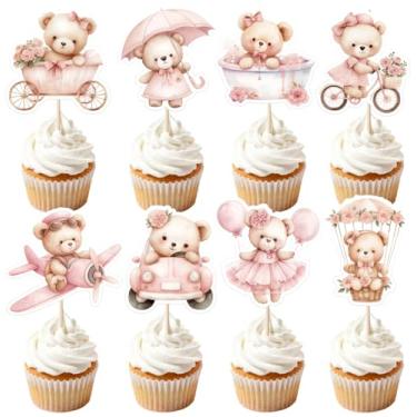 Imagem de Auteby 48 peças de enfeite de cupcake de urso de bebê para chá de bebê, meninos ou meninas, suprimentos de festa de aniversário (meninas)