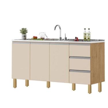 Imagem de Balcão Recife 1,60 Mt - 3 Gavetas 3 Portas Amêndoa Off - MILANI MOVELA