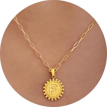 Imagem de Colar com pingente circular inicial A-Z, joia personalizada de aço inoxidável com bordas decorativas, adequado para mulheres, F, Aço inoxidável, Sem Pedra Preciosa