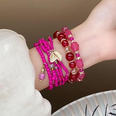 Imagem de Conjunto de 4 pulseiras de contas de vidro Boho com berloques vermelhos ajustáveis para mulheres, pingente de folha, feito à mão, joias multicamadas, presente, One Size, Liga de aço, Sem Pedra
