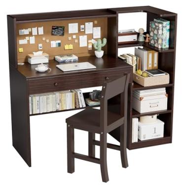 Imagem de RUPOLX Wooden Espresso Kids Study Desk and Chair Set, 2 Drawers and 2 Storage Cabinets, Children Desk with Hutch and Bookshelf, Girls Study Desk for Kids Bedroom