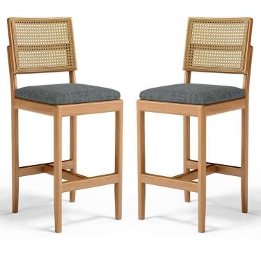 Imagem de Kit Com 2 Banqueta Milena Madeira Maciça Assento Estofado Encosto De Tela Palha Sextavada Linho Chumbo 406