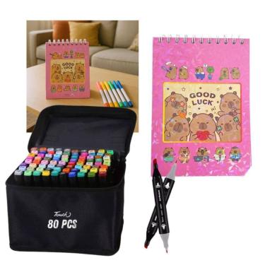 Imagem de Canetinhas 80 Cores Com Livro De Pintar Capivara Fofa 50 Paginas Estojo Canetas Desenho Pintura Hobbie Lazer