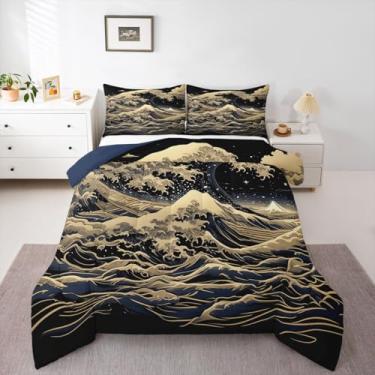 Imagem de jejeloiu Conjunto de cama de onda japonesa, macio, para meninos e meninas, temática Ukiyoe, Queen Size Hokusai, edredom de microfibra, decoração de quarto, 3 peças com 2 fronhas