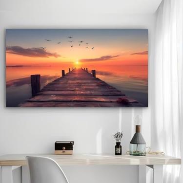 Imagem de Arte de parede em tela rústica Sunset Pier Birds - Pôster sem moldura de 30 x 61 cm - Decoração de casa e escritório para sala de estar, quarto, cozinha e café