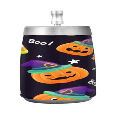 Imagem de Qilmy Cinzeiro de aço inoxidável com tampa das lanternas de bruxa de Halloween - Cinzeiro de cigarro à prova de vento sem cheiro sem fumaça para casa, escritório, carro, pátio, varanda (uso interno e