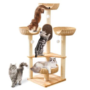 Imagem de Árvore grande de madeira para gatos – Torre moderna para vários gatos com postes para arranhar e condomínio tecido à mão | Móveis resistentes para gatos em ambientes internos, suprimentos modernos