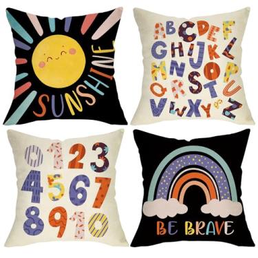 Imagem de Fjfz Capa de almofada decorativa para sala de aula de volta às aulas 45,7 x 45,7 cm, conjunto de 4 unidades, alfabeto ABC, aprendizagem de números, crianças, educacional, berçário, decoração de casa
