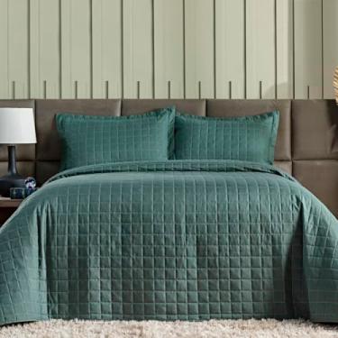 Imagem de Kit Colcha Bouti Cobre Leito Casal Tecido Estampado Dupla Face 03 Peças - Fronhas Aba Americana - Matelado (2,10m x 2,40m) (VERDE COB02)