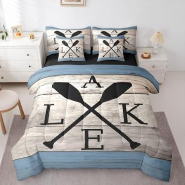 Imagem de Conjunto de edredom rústico de 7 peças para decoração de casa do lago | Conjunto de cama de casal com barco a remo de lago, marrom, cinza, azul, madeira, prancha, fazenda, conjunto de lençol e lençol