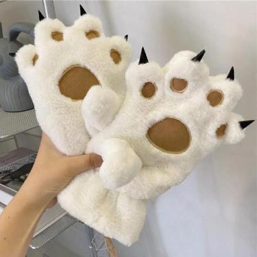 Imagem de Luvas De Inverno Femininas Quentes De Pelúcia Com Patas De Urso, Luvas